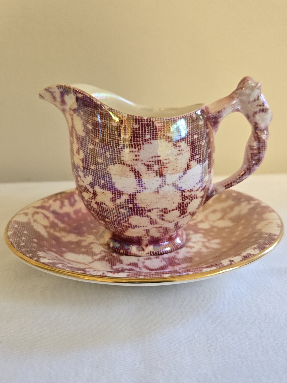 Pink Irridescent Flora lCeramic Creamer & Saucer - Vintage Royal Winton England